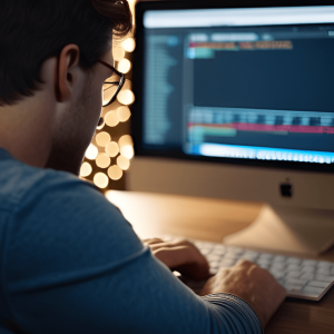 Stable Diffusion - Un hombre escribiendo en su computadora