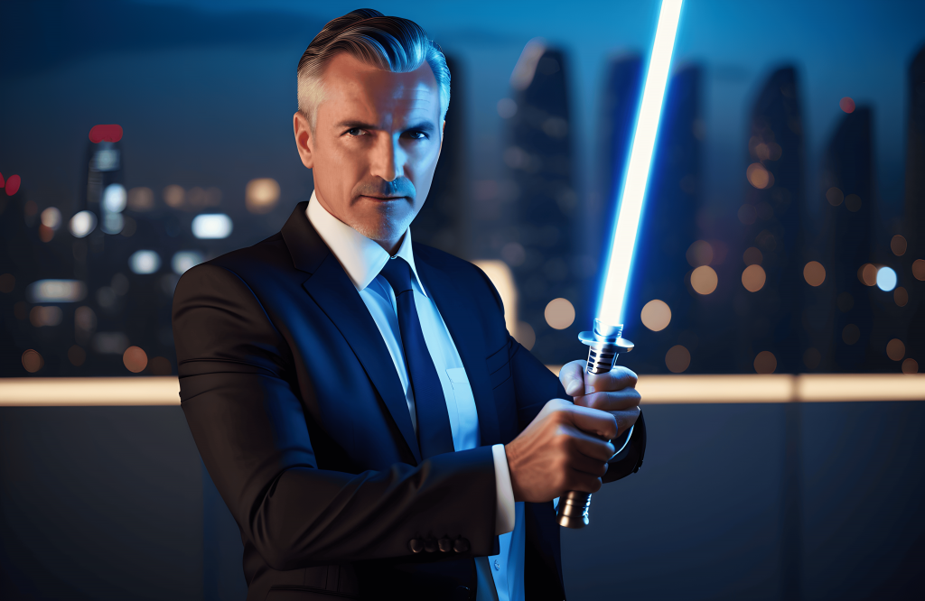 Stable Diffusion - Un hombre de negocios jugando con un light saber