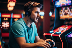 Stable Diffusion - Un hombre adulto jugando videojuegos