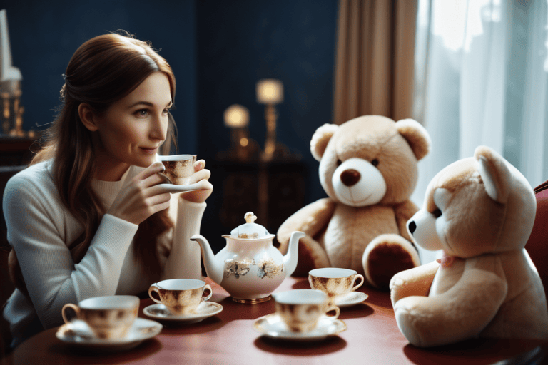 Stable Diffusion - Una señora jugando al té con sus osos de peluche