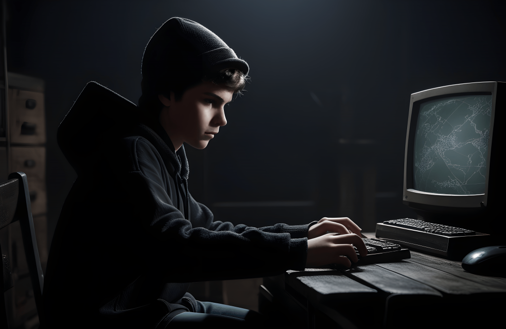 Stable Diffusion - Un adolescente jugando juegos en una computadora vieja