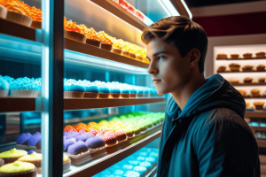 Stable DIffusion - Una persona observando dulces en una tienda