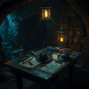 Flux - Una mesa con una Fedora, un látigo, un revolver y parafernalia de un arqueólogo de ficción