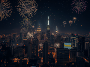 Flux - Una ciudad durante las celebraciones del Año Nuevo.