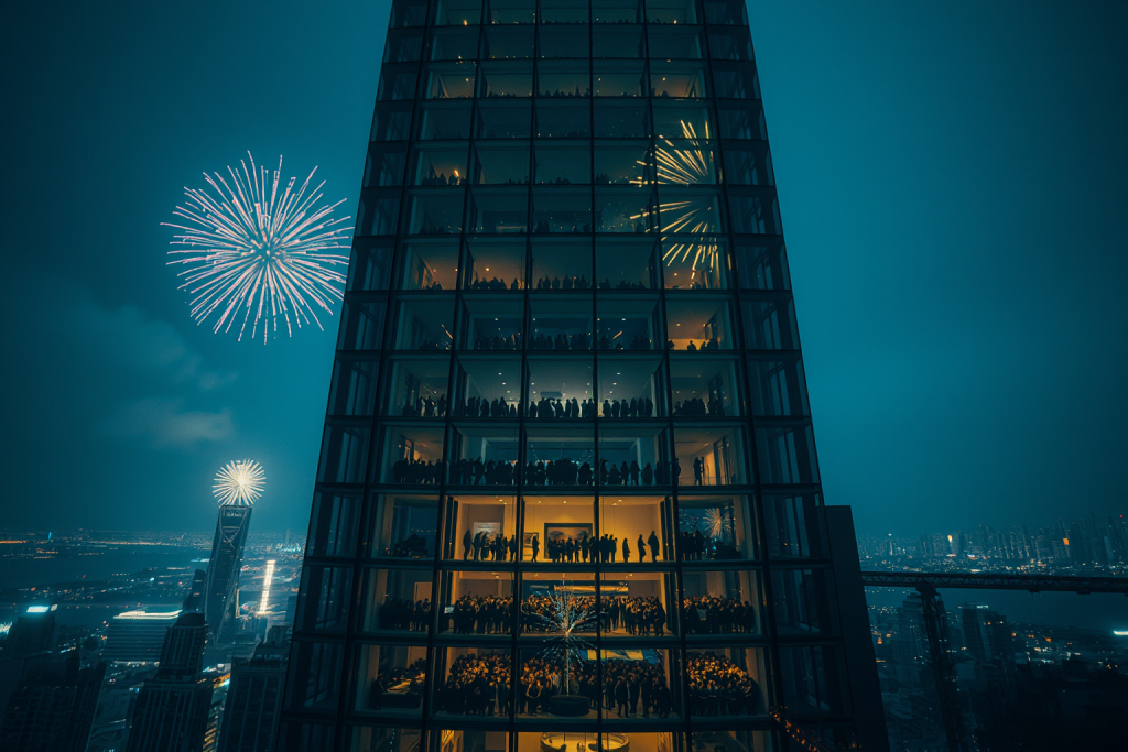 Flux - Edificio con fiestas del Año Nuevo
