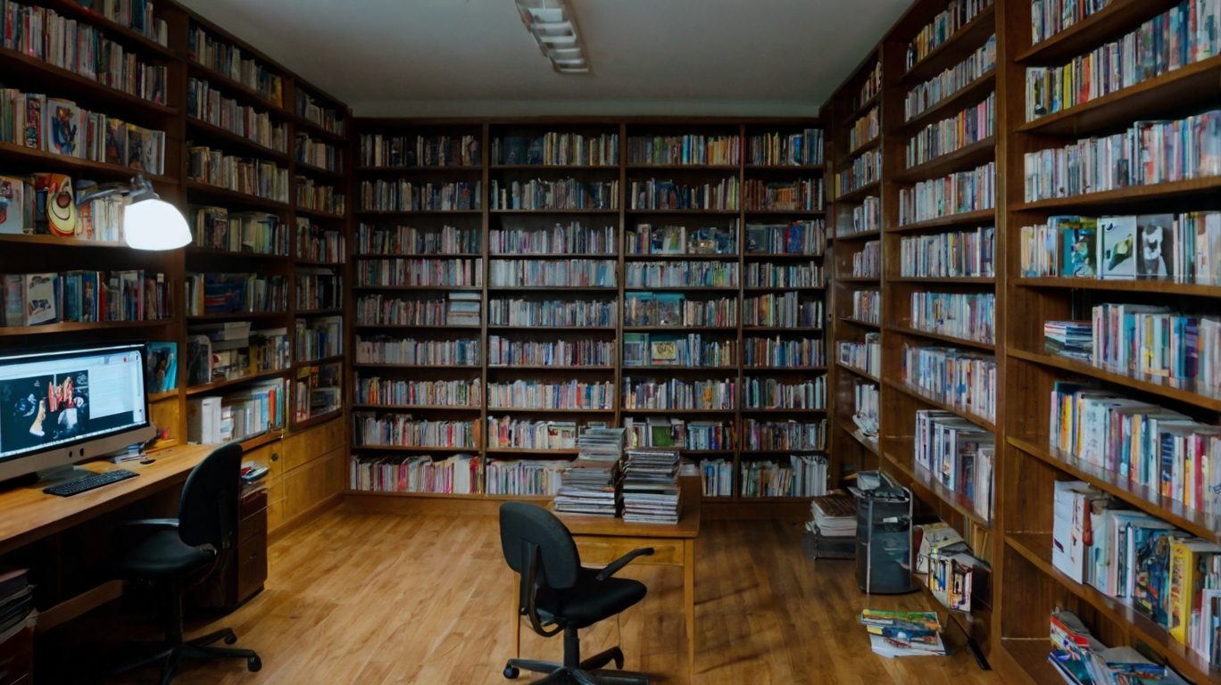 Leonardo.ai - Un cuarto lleno de comics y una computadora