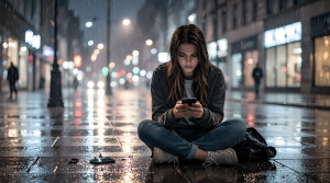 HiDream - Una chica desesperada por que su celular no funciona en una calle lluviosa