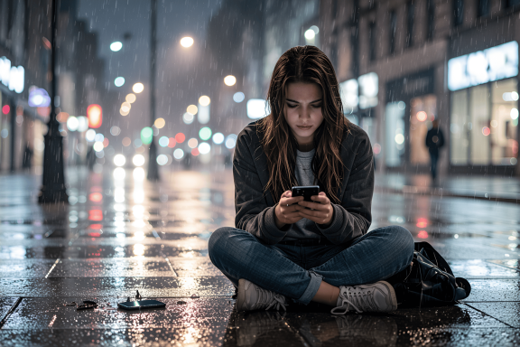 HiDream - Una chica desesperada por que su celular no funciona en una calle lluviosa