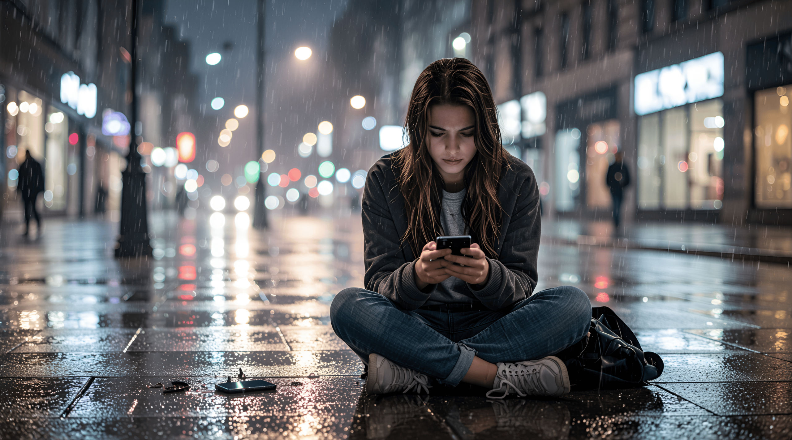 HiDream - Una chica desesperada por que su celular no funciona en una calle lluviosa