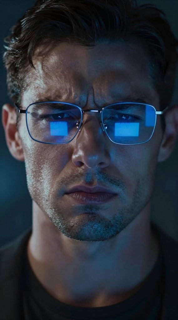 Man with glasses and blue light