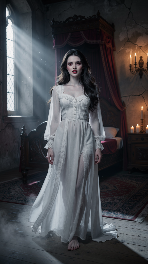 Ethereal Woman in Gothic Bedroom