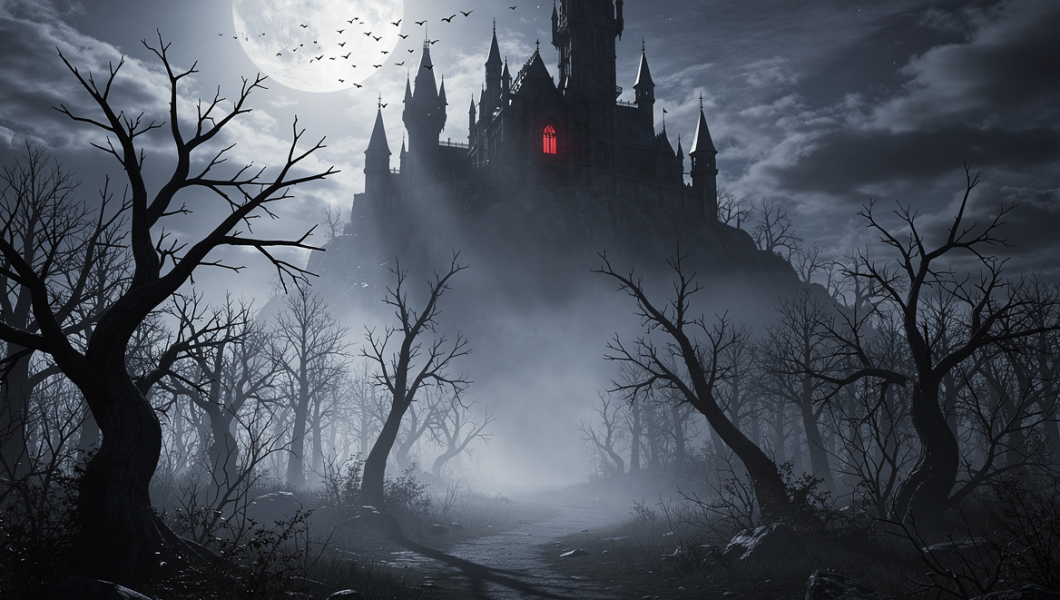 Moonlit Castle with Red Light