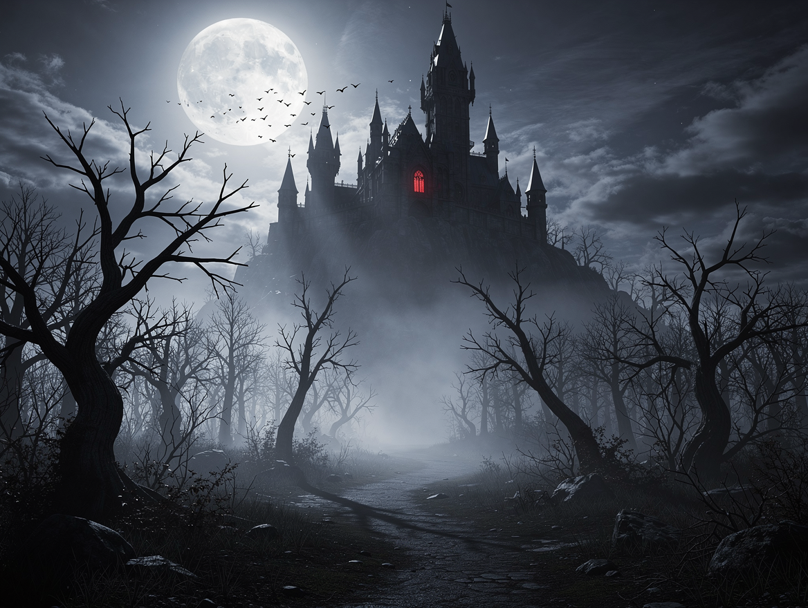 Moonlit Castle with Red Light
