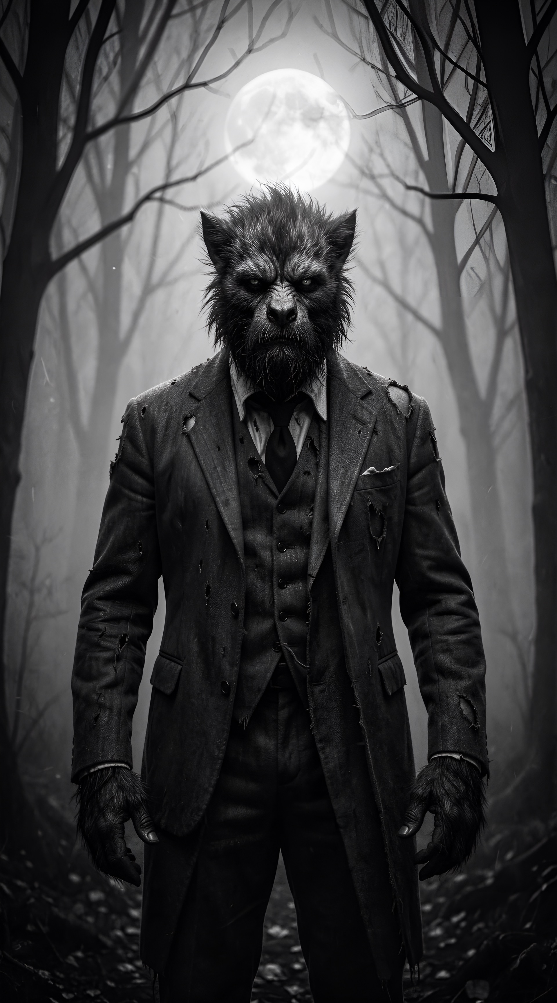 cinematic still Cinematic photorealistic black-and-white style image of a classic 1940s werewolf figure in a foggy forest, muscular build in a torn period-appropriate suit, thick dark fur covering the face and hands, dramatic high-contrast noir lighting, full moon glowing through bare tree branches, vintage horror film atmosphere, grain texture, hyperrealistic, no text, no letters . emotional, harmonious, vignette, highly detailed, high budget, bokeh, cinemascope, moody, epic, gorgeous, film grain, grainy
-anime, cartoon, graphic, text, painting, crayon, graphite, abstract, glitch, deformed, mutated, ugly, disfigured
Steps: 4, Sampler: DDIM Trailing, Guidance Scale: 1.0, Seed: 161051646, Size: 960x1728, Model: flux_2_klein_9b_q6p.ckpt, Strength: 1.0, Seed Mode: Scale Alike, Upscaler: realesrgan_x2plus_f16.ckpt, Shift: 3.0, CLIP Skip: 2