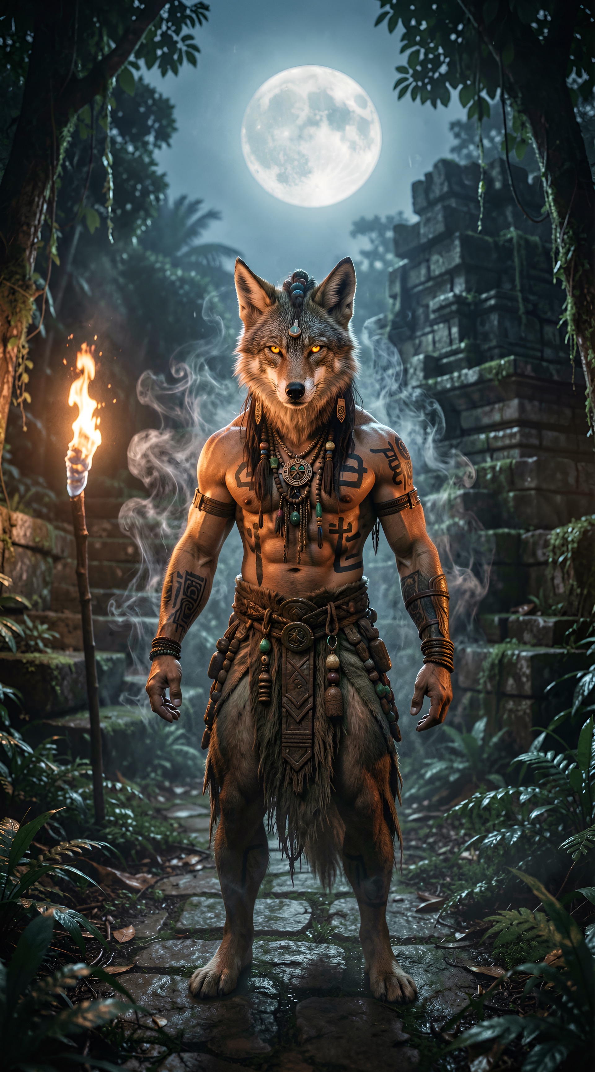 cinematic still Cinematic photorealistic image of a Mesoamerican shaman figure mid-transformation into a coyote-like creature, standing in a moonlit jungle clearing near ancient stone temple ruins, muscular athletic build, traditional pre-Hispanic adornments and body paint, glowing eyes, wisps of spectral smoke around the body, warm torchlight contrasting with cool jungle shadows, hyperrealistic, mystical atmosphere, no text, no letters . emotional, harmonious, vignette, highly detailed, high budget, bokeh, cinemascope, moody, epic, gorgeous, film grain, grainy
-anime, cartoon, graphic, text, painting, crayon, graphite, abstract, glitch, deformed, mutated, ugly, disfigured
Steps: 4, Sampler: DDIM Trailing, Guidance Scale: 1.0, Seed: 3194315574, Size: 960x1728, Model: flux_2_klein_9b_q6p.ckpt, Strength: 1.0, Seed Mode: Scale Alike, Upscaler: realesrgan_x2plus_f16.ckpt, Shift: 3.0, CLIP Skip: 2