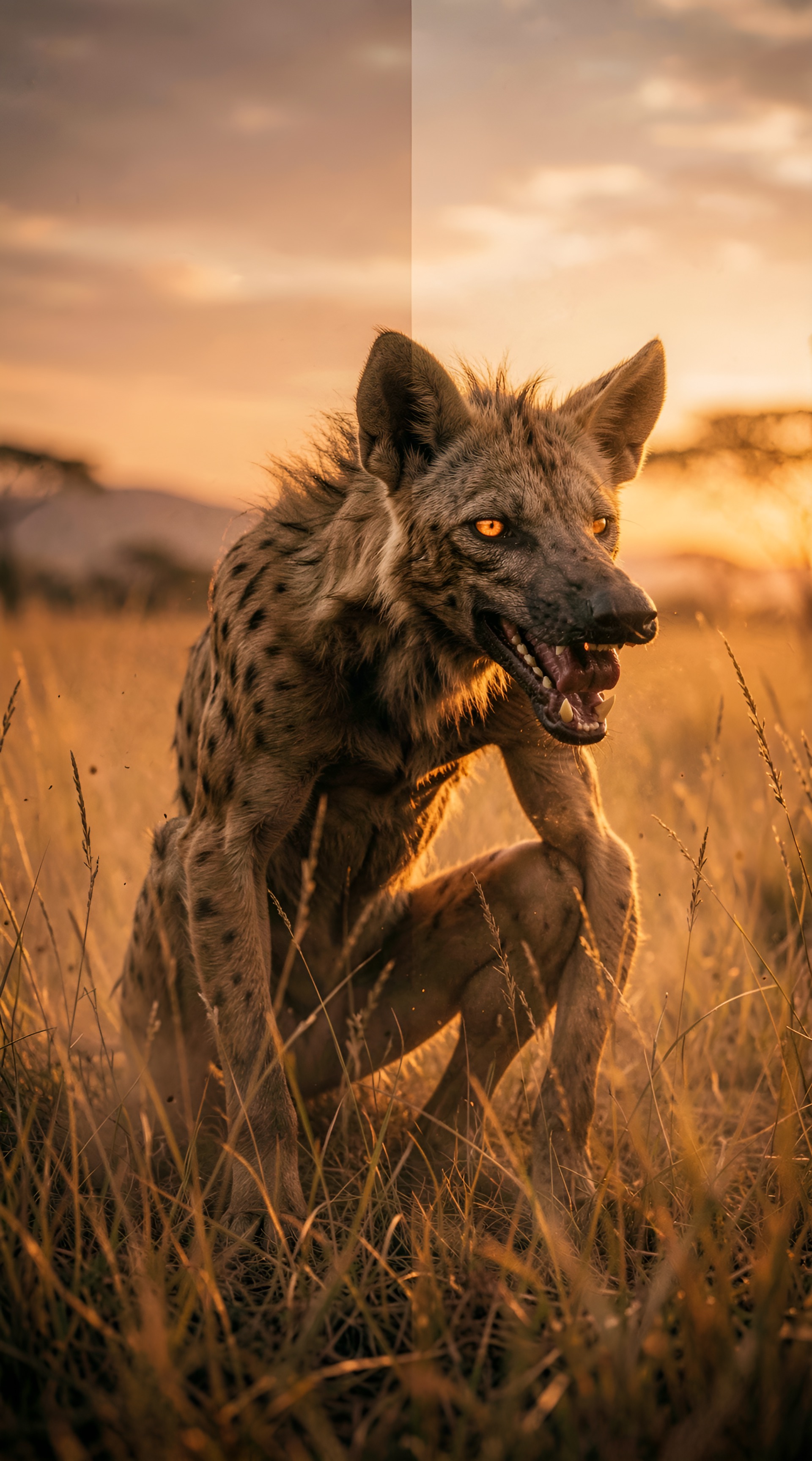 cinematic still Cinematic photorealistic image split conceptually across a golden savanna at dusk, a lean muscular were-hyena figure crouched among tall grass with elongated jaw and glowing eyes, dust and warm orange light, dramatic low-angle cinematic composition, hyperrealistic fur and skin texture, wild and primal atmosphere, no text, no letters . emotional, harmonious, vignette, highly detailed, high budget, bokeh, cinemascope, moody, epic, gorgeous, film grain, grainy
-anime, cartoon, graphic, text, painting, crayon, graphite, abstract, glitch, deformed, mutated, ugly, disfigured
Steps: 4, Sampler: DDIM Trailing, Guidance Scale: 1.0, Seed: 331947034, Size: 960x1728, Model: flux_2_klein_9b_q6p.ckpt, Strength: 1.0, Seed Mode: Scale Alike, Upscaler: realesrgan_x2plus_f16.ckpt, Shift: 3.0, CLIP Skip: 2