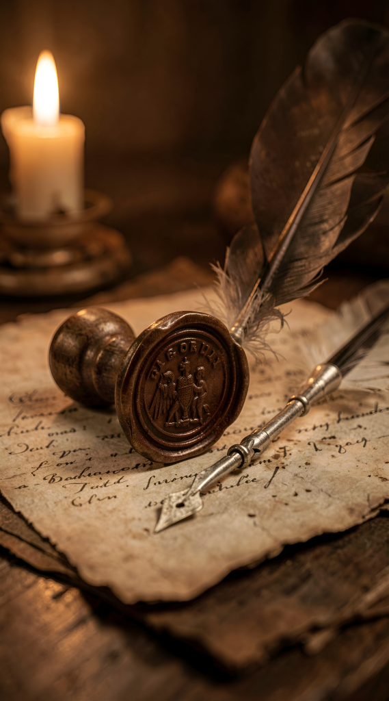 Art Style: Realistic Color Palette: sepia, amber, brown, gold, tan Composition: Centered Content Type: Digital art Lighting Style: Dramatic Location Type: Indoor Mood/Tone: Serene Perspective: Eye-level Primary Subjects: wax seal, quill pen, document, candle Time of Day: Night