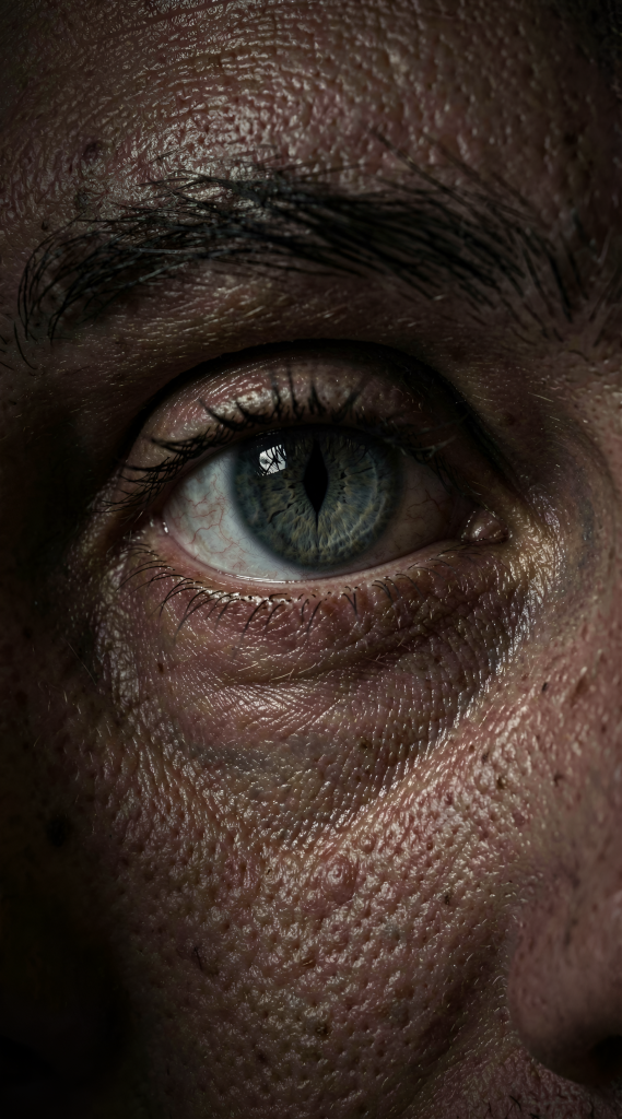 Art Style: Realistic Color Palette: dark brown, gray, blue, black Composition: Centered Content Type: Photograph Lighting Style: Dramatic Location Type: Indoor Mood/Tone: Unsettling, Mysterious Perspective: Eye-level Primary Subjects: Human eye, Skin texture, Eyelashes, Reptilian pupil Time of Day: Night