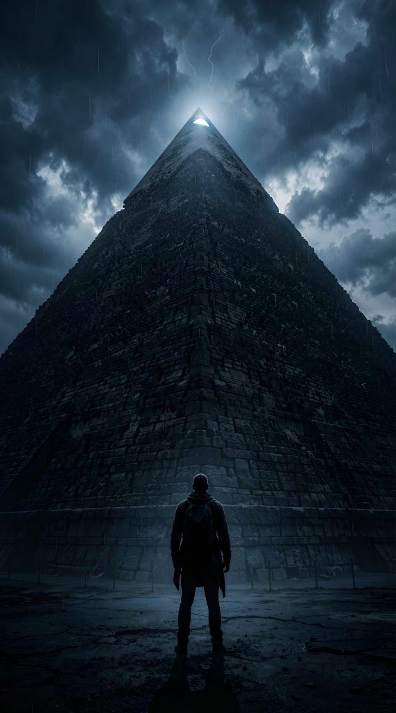 Art Style: Digital art Color Palette: dark blue, gray, black, white glow Composition: Centered Content Type: Digital art Lighting Style: Dramatic Location Type: Outdoor Mood/Tone: Ominous, Mysterious Perspective: Low angle Primary Subjects: human silhouette, pyramid, stormy sky, glowing eye Time of Day: Night