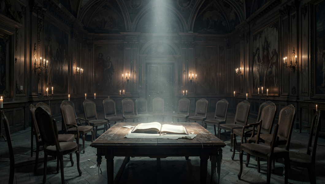Art Style: Photorealistic, Digital Art Color Palette: dark brown, black, white, gold, gray Composition: Centered Content Type: 3D render Lighting Style: Dramatic Location Type: Indoor Mood/Tone: Mysterious, Abandoned, Serene Perspective: Eye-level Primary Subjects: open ledger, wooden table, empty chairs, candlelit walls Time of Day: Night