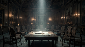 Art Style: Photorealistic, Digital Art Color Palette: dark brown, black, white, gold, gray Composition: Centered Content Type: 3D render Lighting Style: Dramatic Location Type: Indoor Mood/Tone: Mysterious, Abandoned, Serene Perspective: Eye-level Primary Subjects: open ledger, wooden table, empty chairs, candlelit walls Time of Day: Night