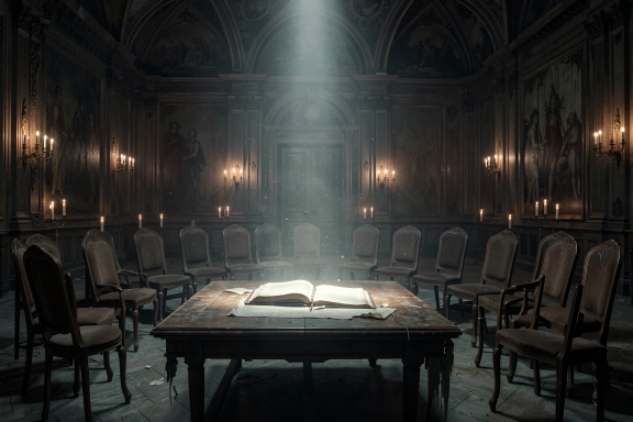 Art Style: Photorealistic, Digital Art Color Palette: dark brown, black, white, gold, gray Composition: Centered Content Type: 3D render Lighting Style: Dramatic Location Type: Indoor Mood/Tone: Mysterious, Abandoned, Serene Perspective: Eye-level Primary Subjects: open ledger, wooden table, empty chairs, candlelit walls Time of Day: Night