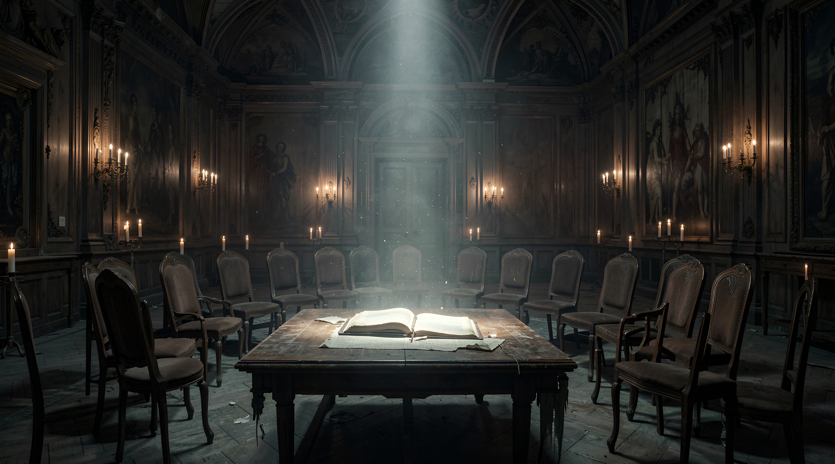 Art Style: Photorealistic, Digital Art Color Palette: dark brown, black, white, gold, gray Composition: Centered Content Type: 3D render Lighting Style: Dramatic Location Type: Indoor Mood/Tone: Mysterious, Abandoned, Serene Perspective: Eye-level Primary Subjects: open ledger, wooden table, empty chairs, candlelit walls Time of Day: Night