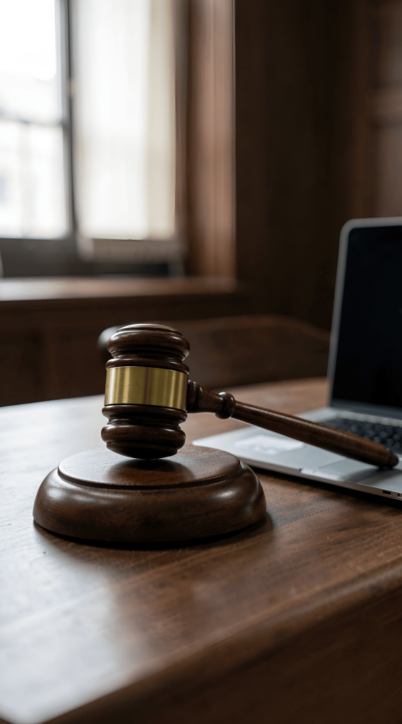 Art Style: Realistic Color Palette: brown, black, white, gold Composition: Centered Content Type: Photograph Lighting Style: Natural Location Type: Indoor Mood/Tone: Serene Perspective: Eye-level Primary Subjects: gavel, laptop, desk, window Time of Day: Day