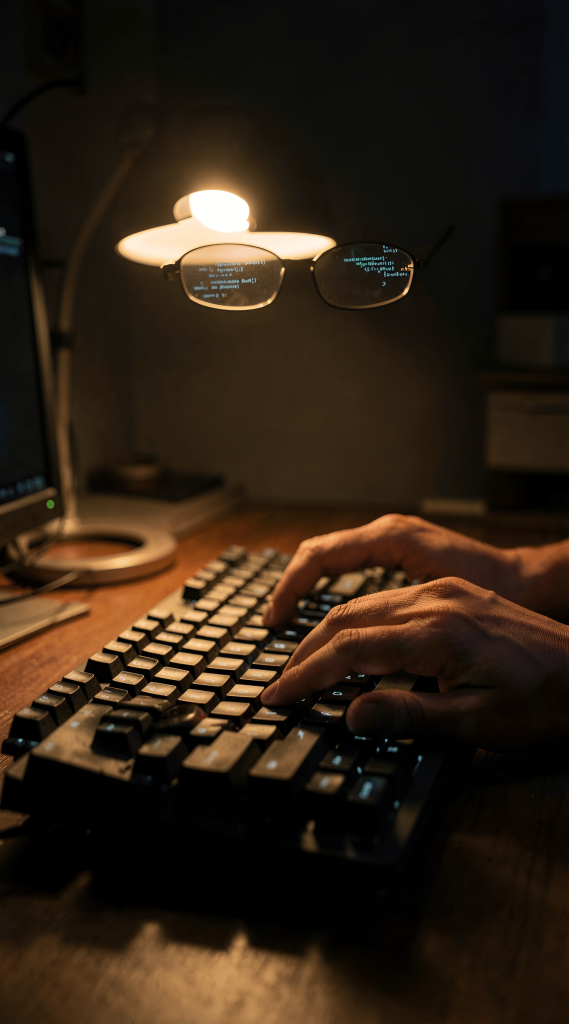 Art Style: Realistic Color Palette: dark brown, warm yellow, black, green, gray Composition: Centered Content Type: Digital art Lighting Style: Dramatic Location Type: Indoor Mood/Tone: Focused, Serene Perspective: Eye-level Primary Subjects: hands, keyboard, glasses, desk lamp Time of Day: Night