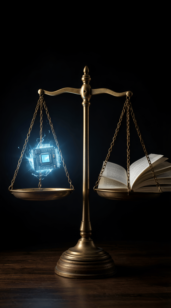 Art Style: Realistic Color Palette: black, gold, blue, white Composition: Centered Content Type: Digital art Lighting Style: Dramatic Location Type: Indoor Mood/Tone: Serene, Thoughtful Perspective: Eye-level Primary Subjects: scale of justice, microchip, open book Time of Day: Night