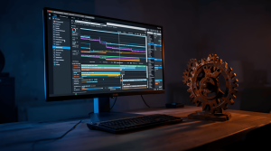 Art Style: Realistic Color Palette: blue, orange, black, rust, wood Composition: Centered Content Type: Digital art Lighting Style: Dramatic Location Type: Indoor Mood/Tone: Moody Perspective: Eye-level Primary Subjects: monitor, gear, keyboard, desk Time of Day: Night