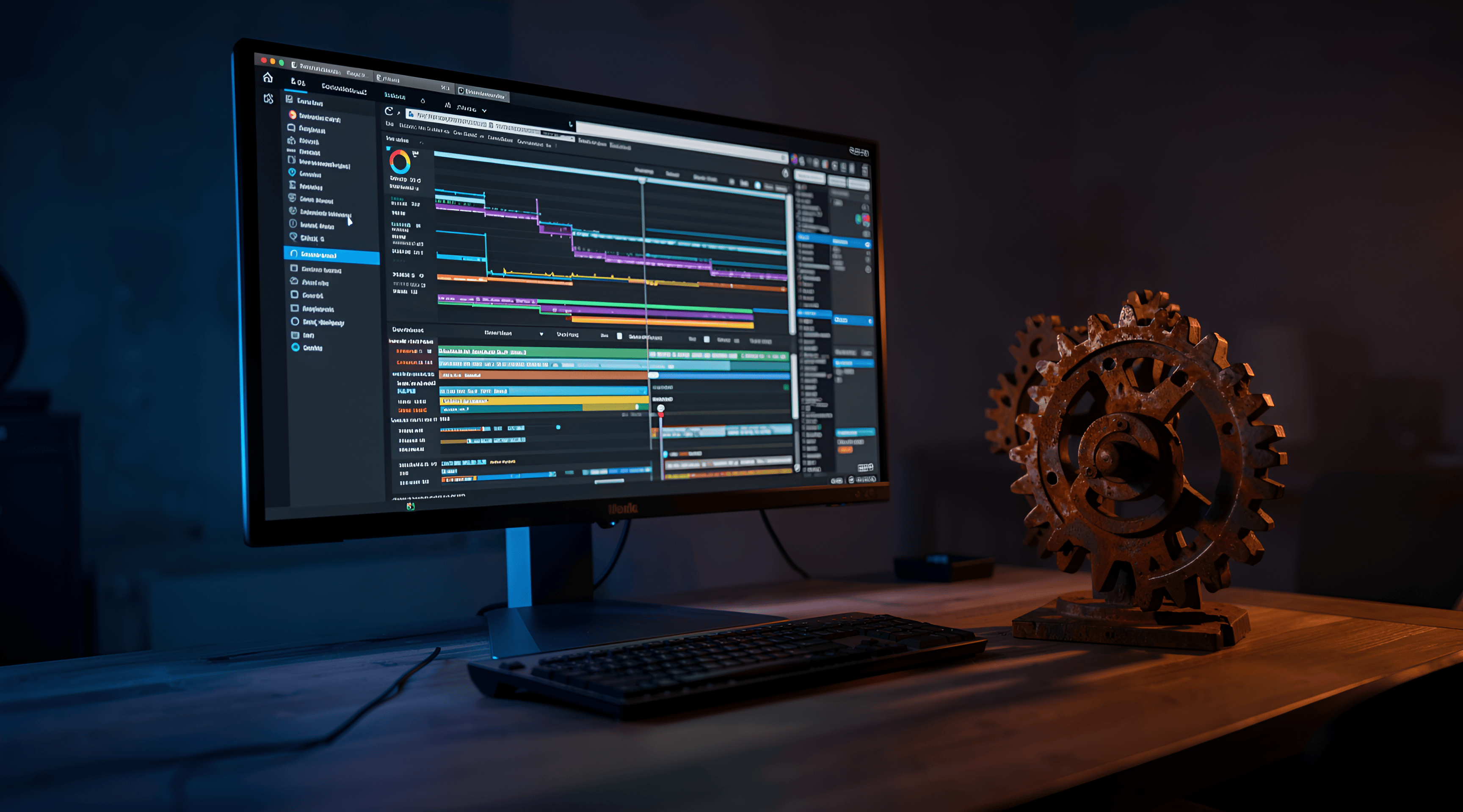 Art Style: Realistic Color Palette: blue, orange, black, rust, wood Composition: Centered Content Type: Digital art Lighting Style: Dramatic Location Type: Indoor Mood/Tone: Moody Perspective: Eye-level Primary Subjects: monitor, gear, keyboard, desk Time of Day: Night
